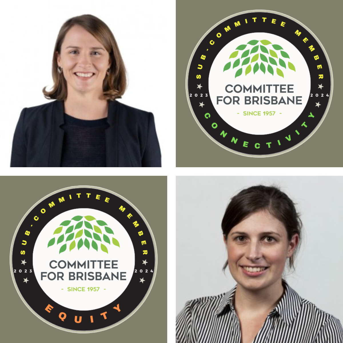 Coral Gillett in a black jacket and shirt in the top left hand corner, in the bottom right is Kelly in a black & white striped business shirt. In the other two opposite corners are the Equity and Connectivity logos for the Committee of Brisbane containing green leaves on a white circle, encapsulated by a black circle. 