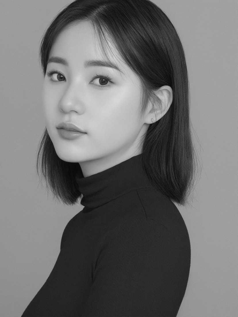 A black and white image of Emily Lu, a woman with straight hair wearing a turtle-neck.