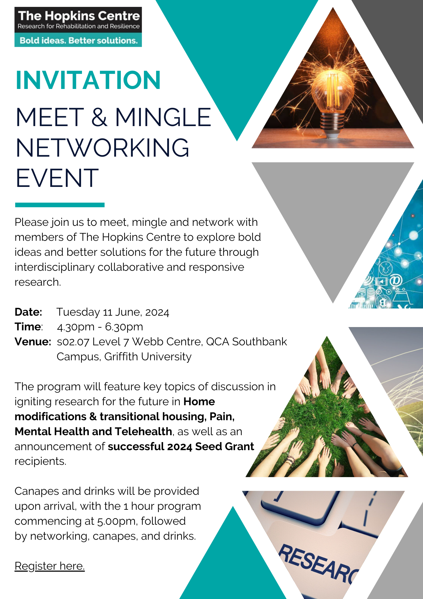 Event flyer, with the event information detailed to the left hand side and decorative triangles with blocks of colour and images on the right hand side. The flyer contains a link to register for this event: https://forms.office.com/Pages/ResponsePage.aspx?id=q8h8Wtykm0-_YGZxQEmtYkFsTGMAMqZDtNzWDAaJ-FpUQVQ0REwySlNUUUZDTzZMTkgxQ0I1S1ZSVi4u