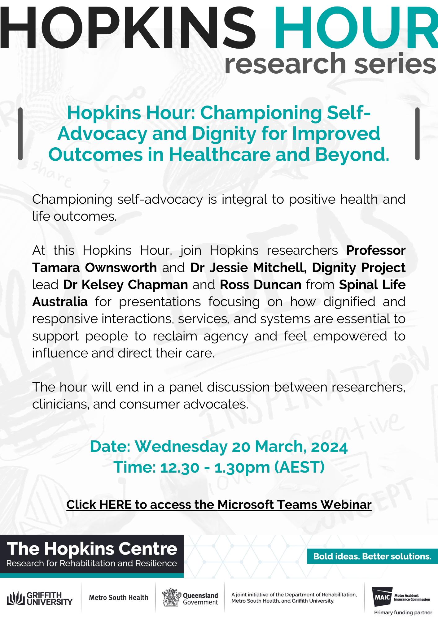 Hopkins Hour flyer with watermarked background containing inspirational images and words. Hopkins Hour title is at the top, with the name of this event in turquoise. The body of the flyer contains relevant information about the event in black text. The Hopkins Centre logos are at the bottom.