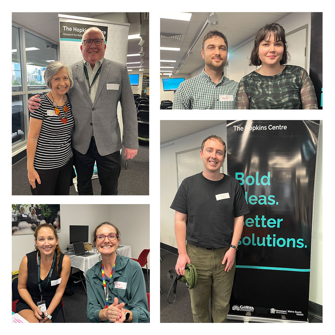 A collage of photos from The Hopkins Centre Meet and Mingle event at Griffith University, South Bank on 6 May. L-R: Dr Jessie Mitchell; Dr Mike Norwood demonstrating VR technologies; Emily Allan; and Dr Mike Norwood demonstrating VR to citizen researcher and Phd Candidate Hannan Simmonds.