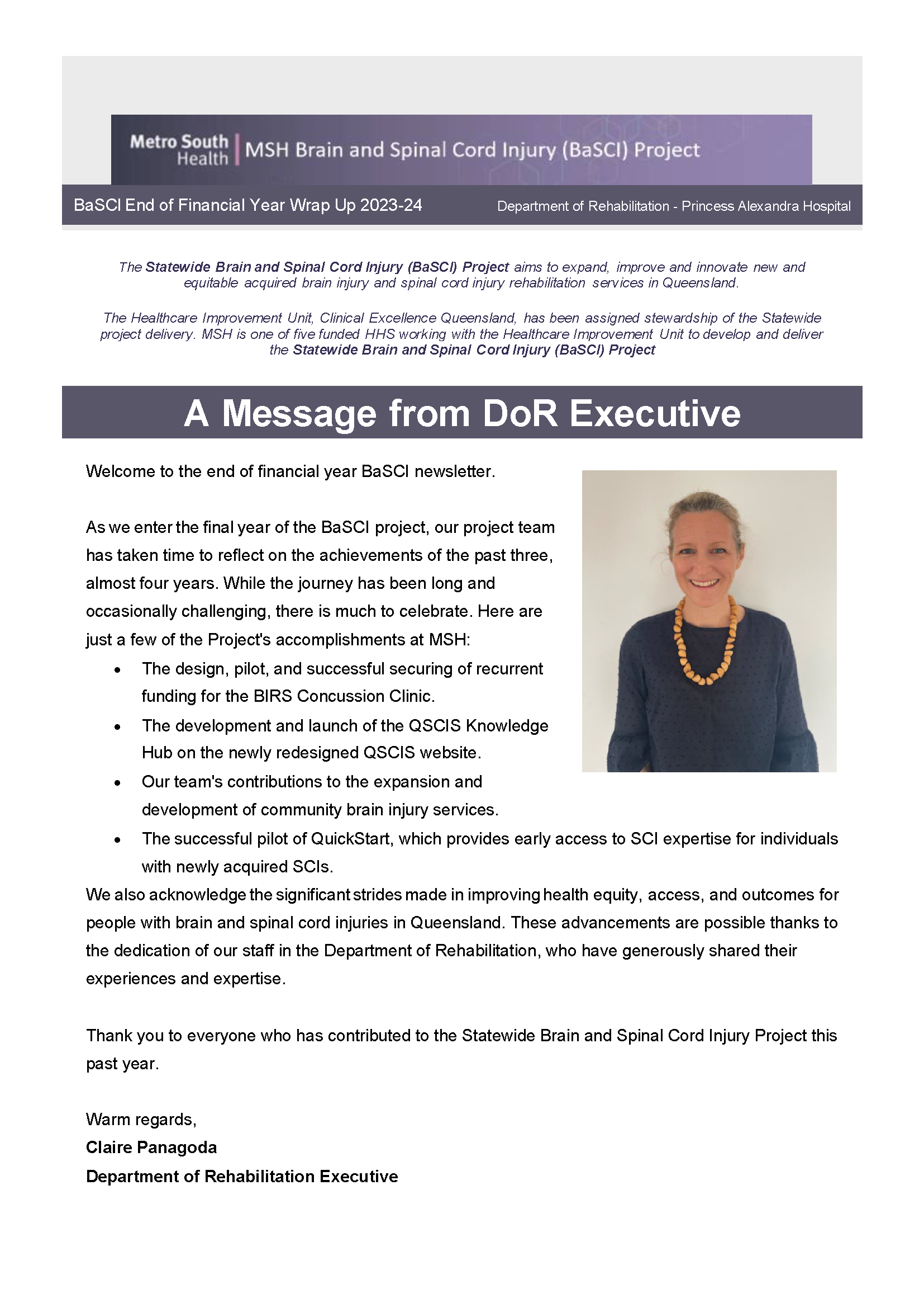 A downloaded image of the Metro South Health Brain and Spinal Cord Injury (BaSCI) Project Newsletter for the end of financial year 2023-2024