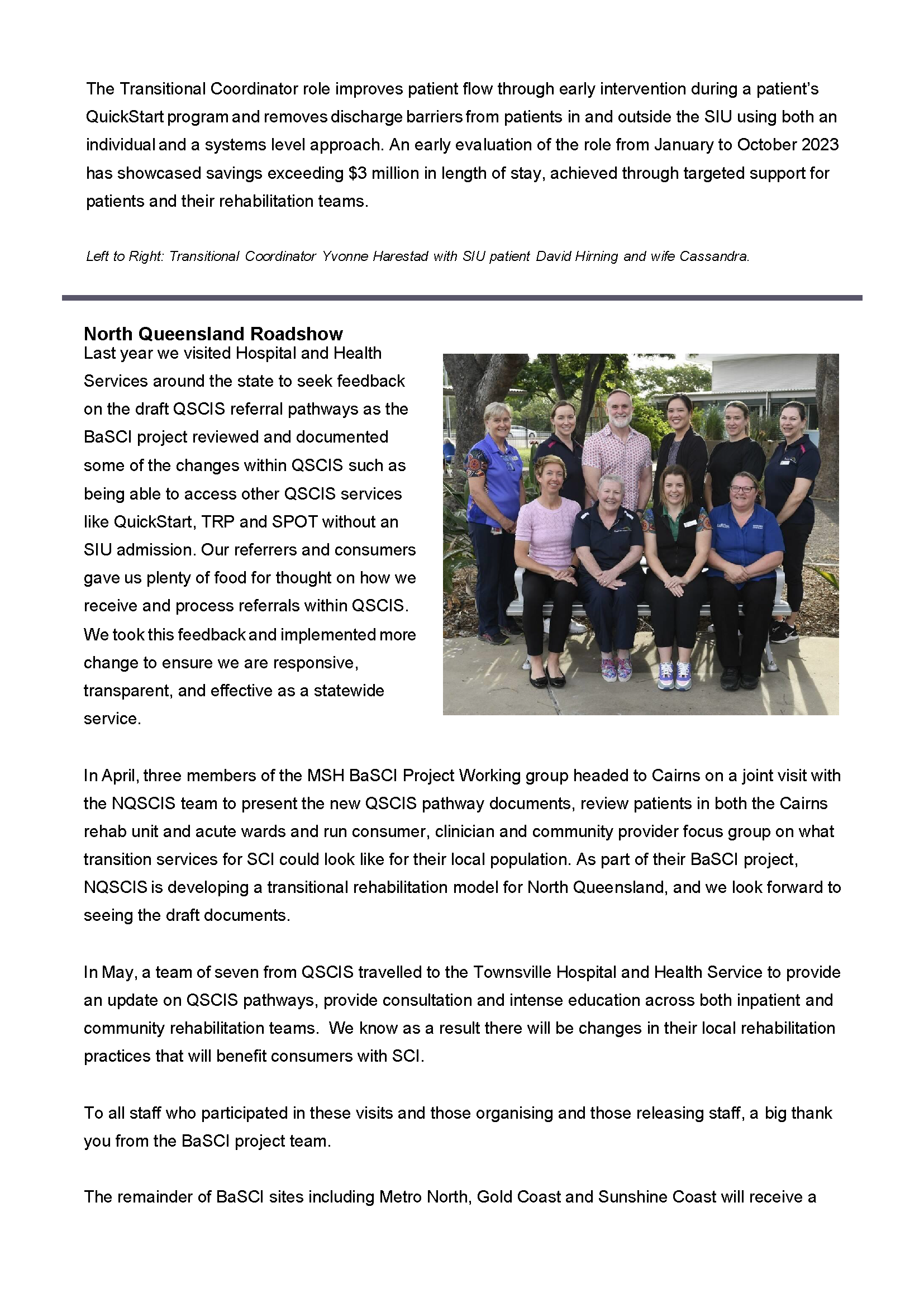 A downloaded image of the Metro South Health Brain and Spinal Cord Injury (BaSCI) Project Newsletter for the end of financial year 2023-2024 (page 6)