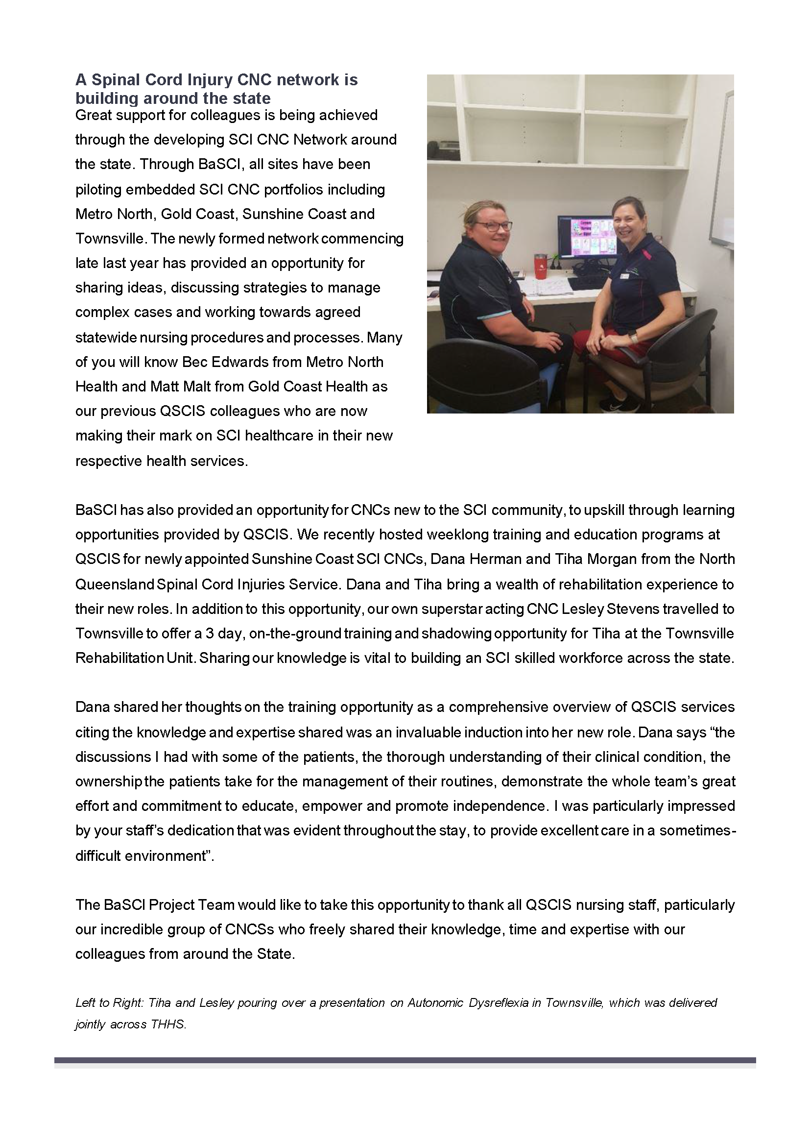 A downloaded image of the Metro South Health Brain and Spinal Cord Injury (BaSCI) Project Newsletter for the end of financial year 2023-2024 (page 8)