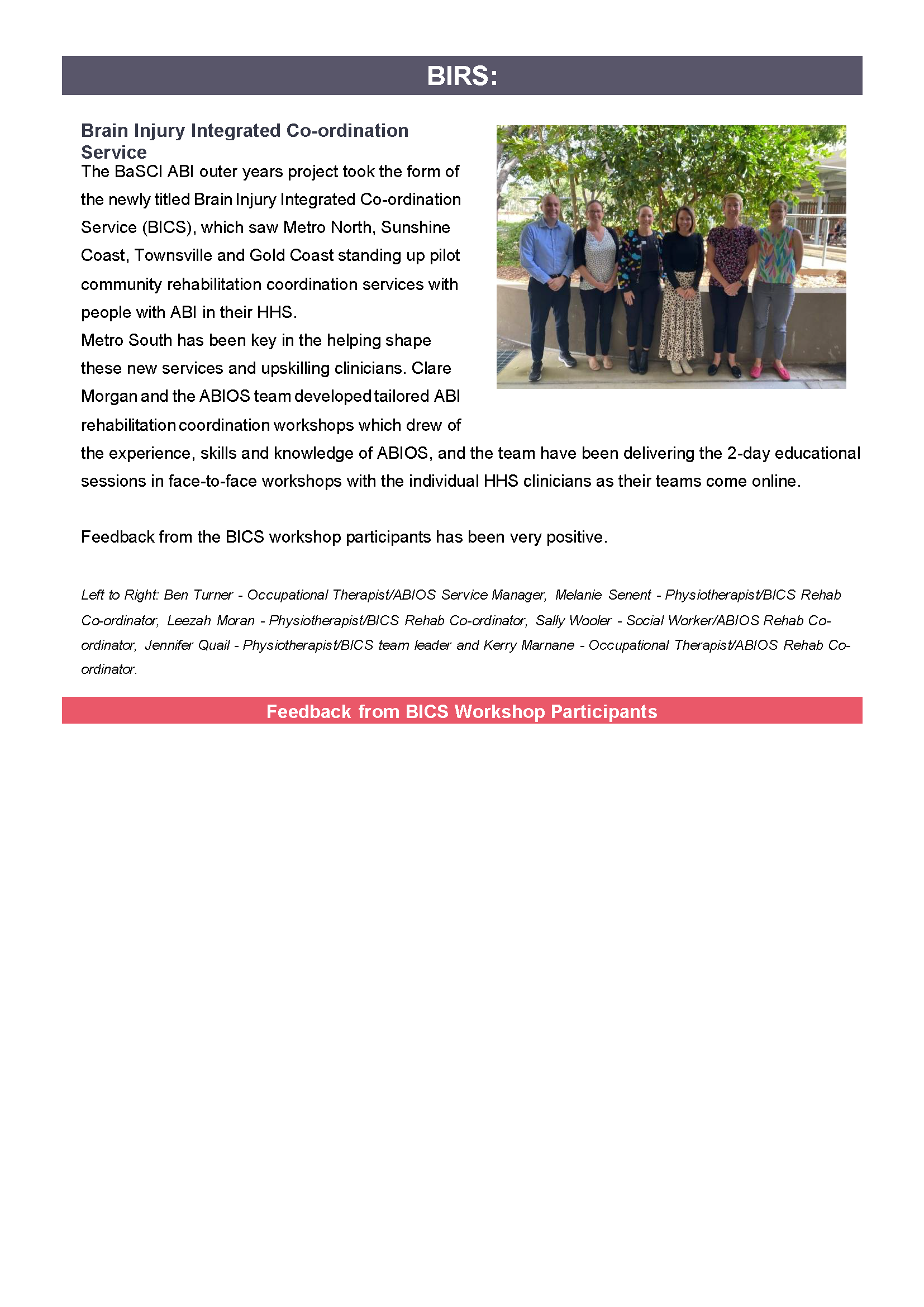 A downloaded image of the Metro South Health Brain and Spinal Cord Injury (BaSCI) Project Newsletter for the end of financial year 2023-2024 (page 9)