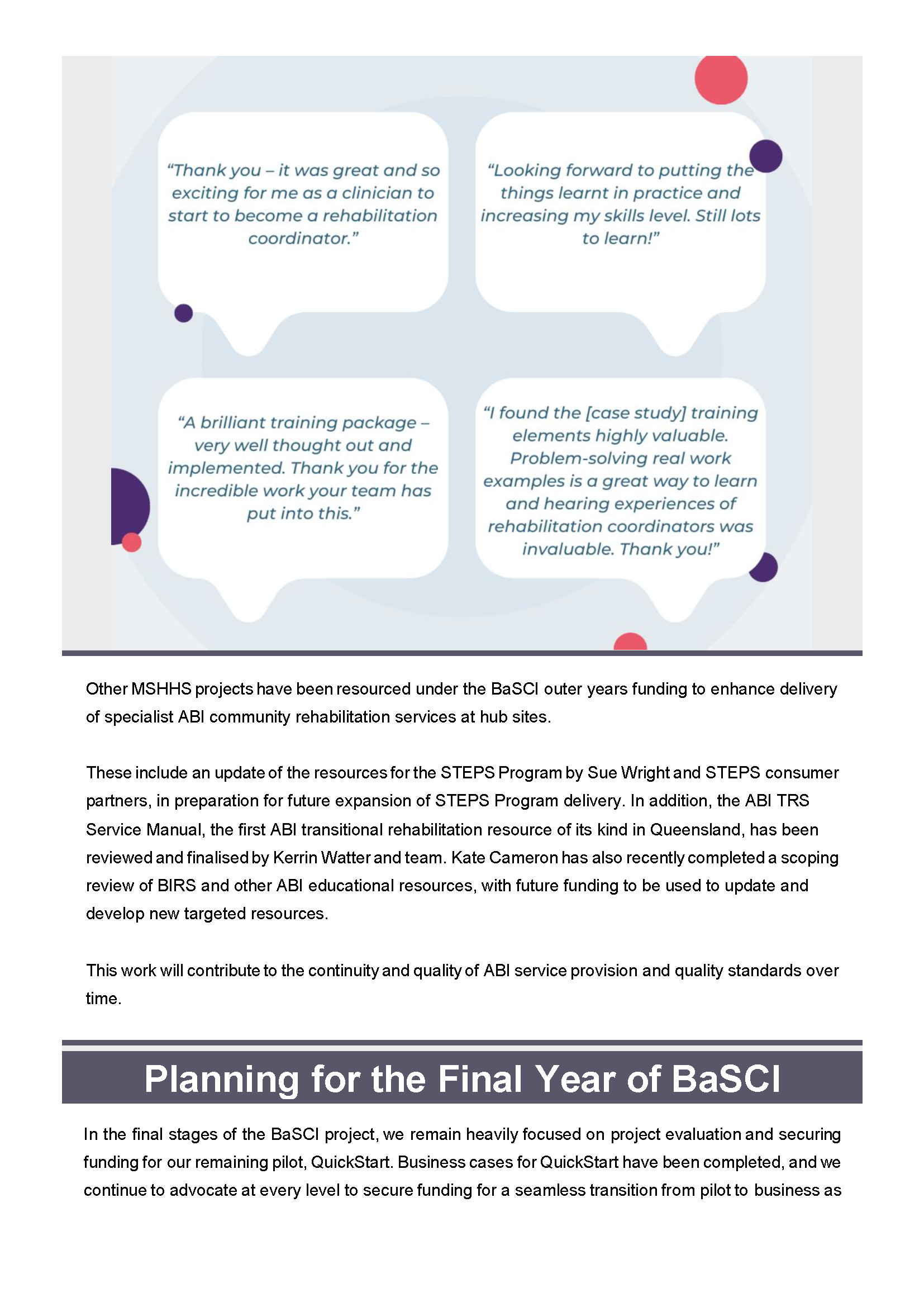 A downloaded image of the Metro South Health Brain and Spinal Cord Injury (BaSCI) Project Newsletter for the end of financial year 2023-2024 (page10)