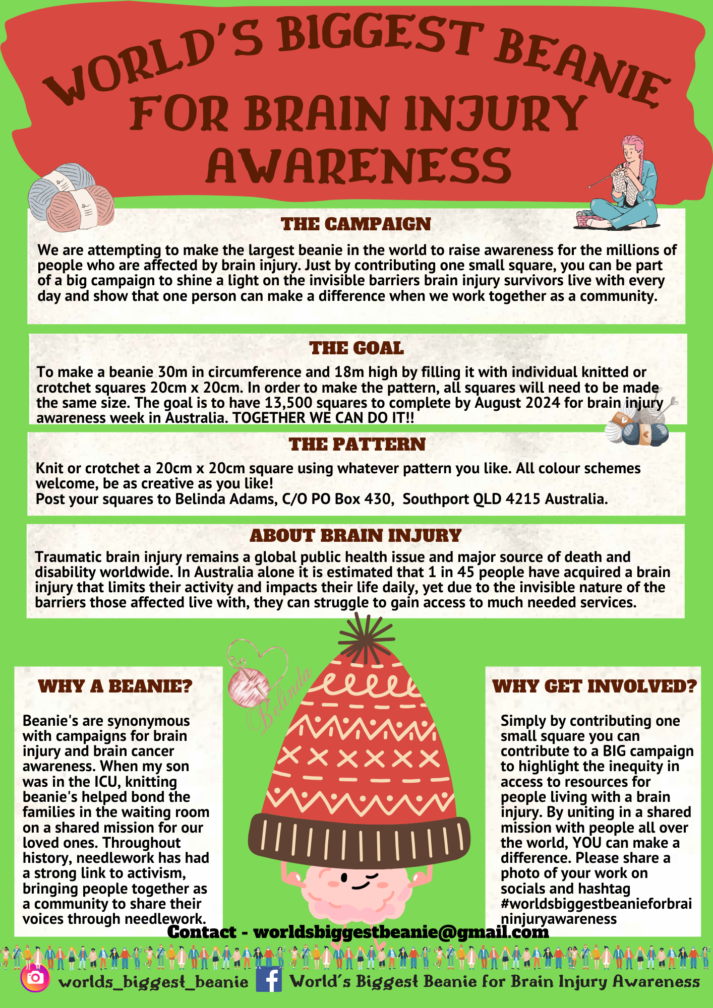 Campaign Flyer with lime green background and knitting-related cartoons images