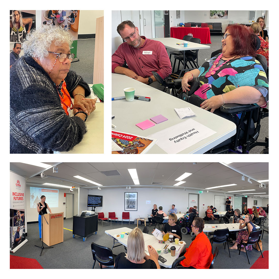 Collage of three photos showing Hopkins Centre and Griffith University academics and citizen researchers with disability in co-design activities. From top left: Aunty Lauraine Barlow, an Aboriginal Elder, looks ahead attentively. Top right: Geoff Trappett and Karen Swift collaborate in a co-design brainstorming session. Bottom: Dr Kelsey Chapman addresses participants while leading a co-design activity.