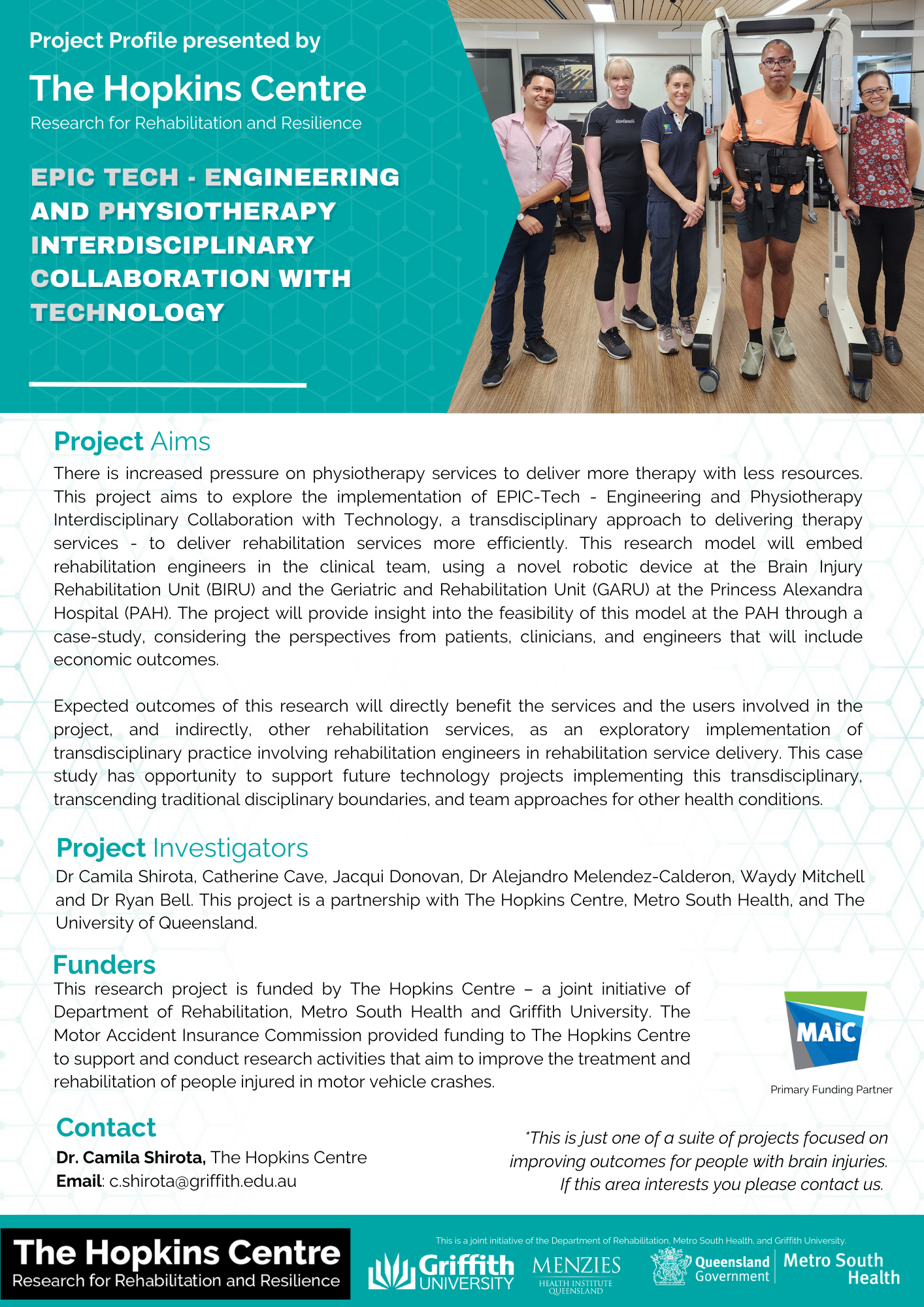 Flyer with project information and an image of the project team with a representative from the team using the device.