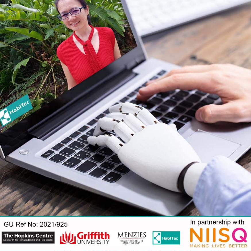 A tile with a photo image of a person with one prosthetic hand and one biological hand using a laptop. At the bottom of the tile are the logos of The Hopkins Centre, Grififth University, MHIQ, HabITec and NIISQ. 