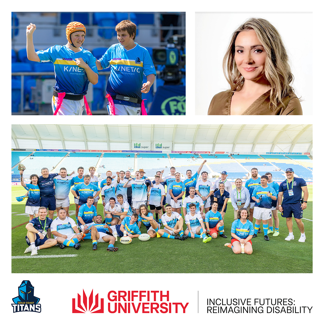 A montage of 3 photo images. Top left: two people in blue jerseys, with one wearing head gear, walk across a playing field. Top right: a profile image of Poppi, a woman with blonde hair, wearing a gold top. Bottom: the team and coaches smile and wave at the camera, in the middle of a stadium.  