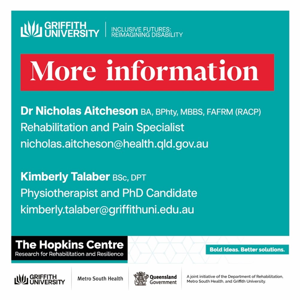Infographic tile for National Pain Week 22 to 28 July, including a vector graphic of a doctor wearing medical white shirt, stethoscope around his neck and arms crossed.  Text is the same as in the More Information details. The bottom of the tile features the Griffith University Inclusive Futures: Reimagining Disability Logo at the bottom The Hopkins Centre lockup featuring the logos Griffith University, Menzies, Metro Health South, Queensland Government and the tagline Bold ideas. Better solutions.